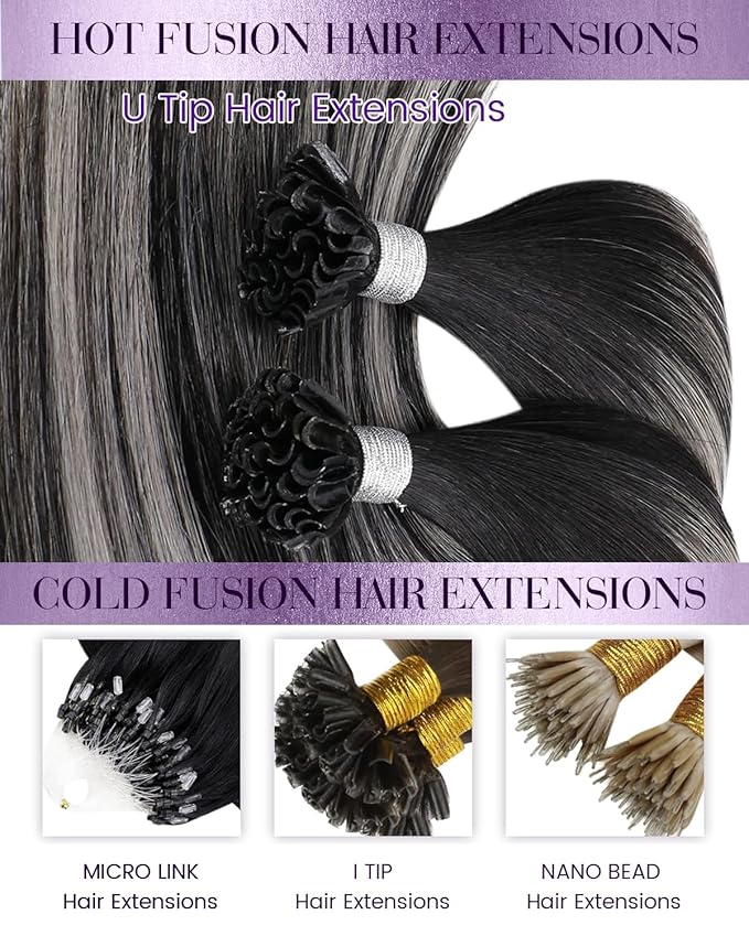 LaaVoo U Tip Hair Extensions Human Hair Ombre Black K tip Hair Extension Real Human Hair Natural Black to Silver KTip Human Hair Extensions Hot Fusion 16 inch 50g/50s
