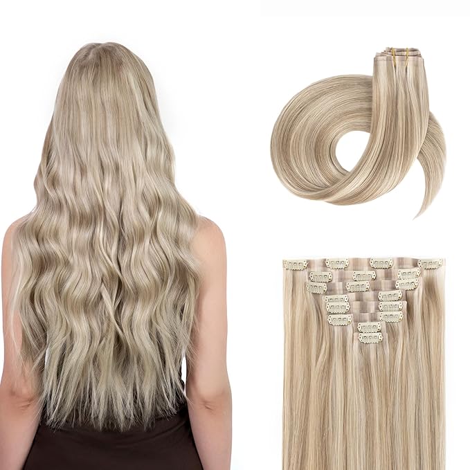 Clip in Hair Extensions Real Human Hair Seamless Clip Ins 100% Remy Hair Extensions PU Weft Golden Blonde Mix Light Blonde Thick&Invisible #P16A/22A 20Inch 120G 8PCS