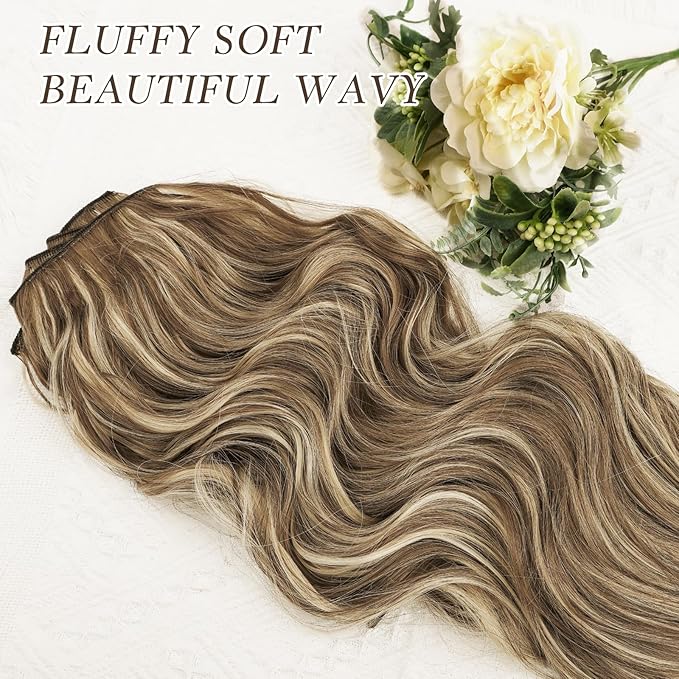 NAYOO Clip in Hair Extensions for Women 20 Inch Long Wavy Curly Medium Brown Ash Blonde Hairpieces Full Head Synthetic Hair Hairpieces (6PCS, Medium Brown Ash Blonde)