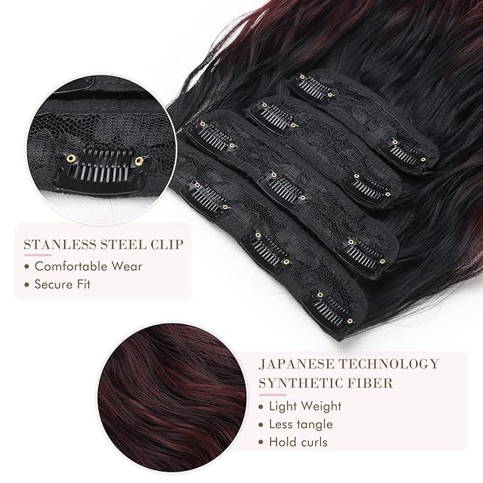 REECHO Hair Extensions, 4PCS Clip in Hair Extensions HE001 Natural Soft Synthetic Hairpieces for Women, Dark Burgundy