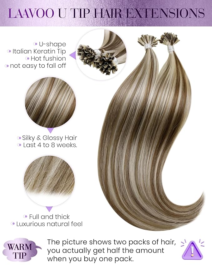 LaaVoo K Tip Hair Extensions Real Human Hair Highlight Brown Utip Hair Extensions Human Hair Light Brown and Golden Blonde Ktip Human Hair Extensions Short Straight 50s 50g 14 inch