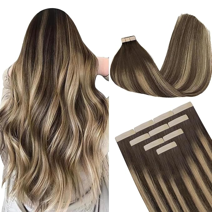 DOORES Human Hair Tape in Extensions, Balayage Chocolate Brown to Honey Blonde 24 Inch 10pcs 30g, Remy Hair Extensions Seamless Straight Tape in Real Hair