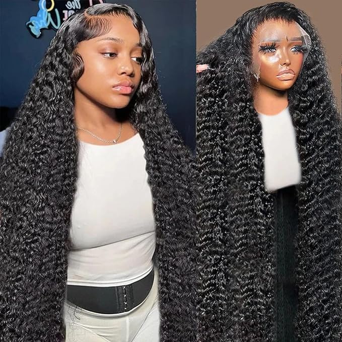 13x6 Deep Wave Lace Front Wigs Human Hair HD Full Lace Frontal Wigs Pre Plucked Bleached Knots 180% Density Deep Curly Human Hair Wig Natural Color 38Inch