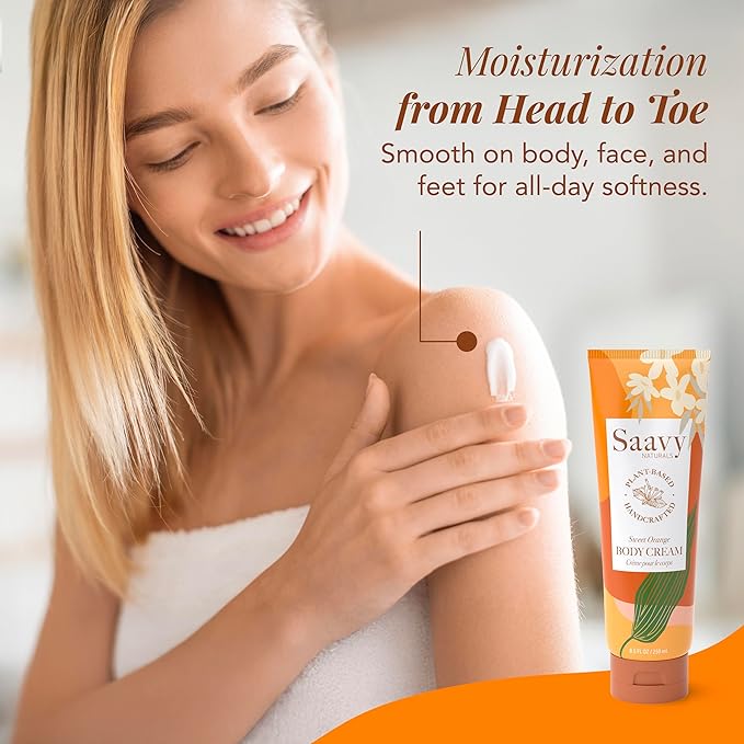 Saavy Naturals Body Cream Sweet Orange Plant-Based Ingredients| Made In USA | Absorbent Shea Butter Vegan Formula, Thick and Creamy Body Moisturizer, Body Lotion for Dry Skin- 8.5 Fl Oz