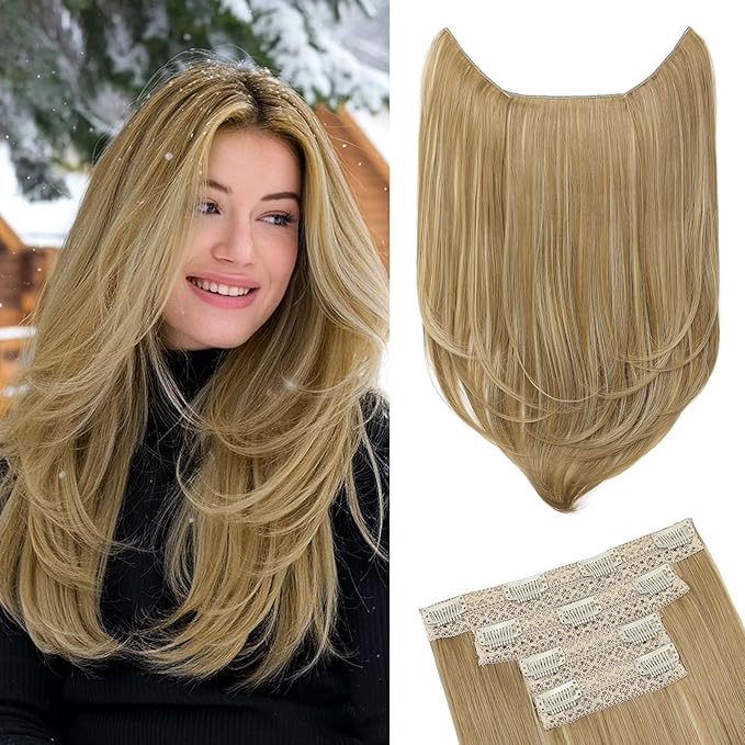Hair Extensions, 4PCS 18" Clip in Hair Extensions Layered Cut Natural Lightweight Hairpieces with Thinner Softer Invisible Weft for Women - Golden Blonde with Highlights