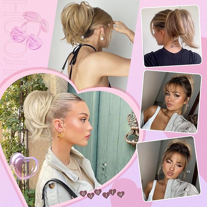 HOOJIH Ponytail Extension, Claw Clip in Straight Messy Hair Bun 9 Inch Short Ponytail Extension with Bendable Metal Wire Hair Pieces for Women Fake Hair Bun DIY Styles - Medium Blonde with Highlights