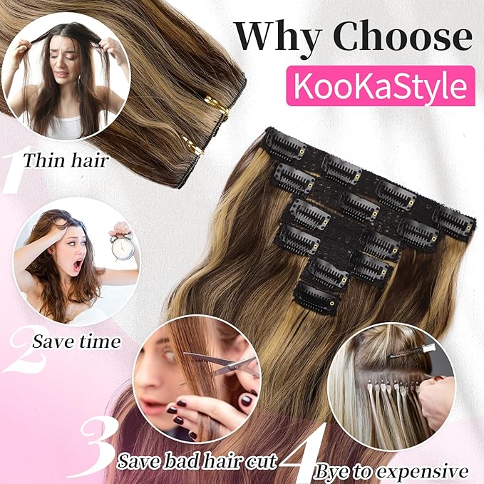 KooKaStyle Short Hair Extensions 6PCS 14 Inch Wavy Curly Hairpieces Synthetic Soft Lace Weft Clip in Hair Extensions-Balayage Chocolate Brown to Caramel Blonde for Women