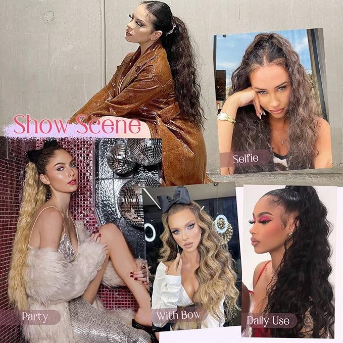 HOOJIH Ponytail Extension, Drawstring Ponytail Hair Extensions 26 Inch Long Curly Wavy Ponytail Natural Wavy Synthetic Hairpiece for Women Daily Use - Deep Blonde with Blonde highlights