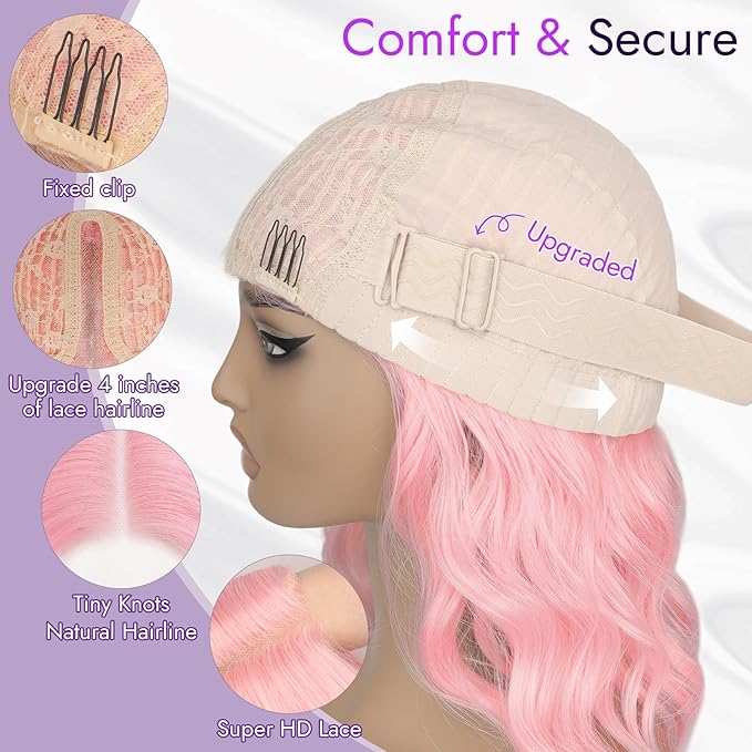 Light Pink Short Wavy Wig for Women Lace Hairline Bob Style Synthetic Heat Resistant - Natural Appearance for Everyday Hairstyle 14 Inch