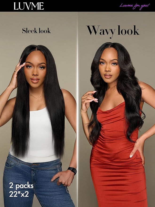 LUVME Yaki Straight Seamless 2 Pack 220g 14Pcs Clip in Hair Extensions Full Max with 24inch Remy Human Hair Extension, Natural Black 100% Real Soft Hair