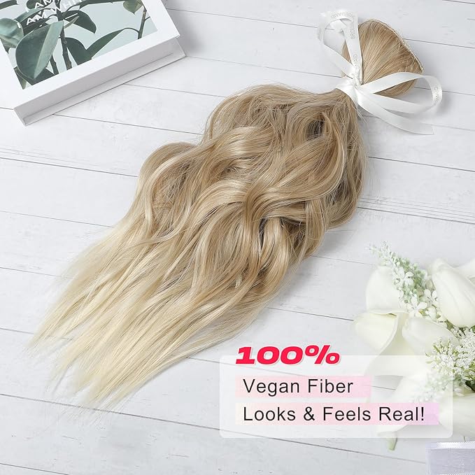 Hair Extensions, 14" Short Clip in Hair Extensions 4PCS Beach Wave Blonde Natural Soft Synthetic Hairpiece for Women - Dark Blonde with Light Ends