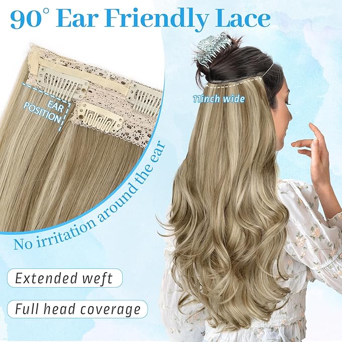 KooKaStyle Invisible Wire Hair Extensions Long Wavy Layered Synthetic Hairpieces with Transparent Wire Adjustable Size 6 Secure Clips Light Blonde Mixed Bleach Blonde for Women 20 Inch