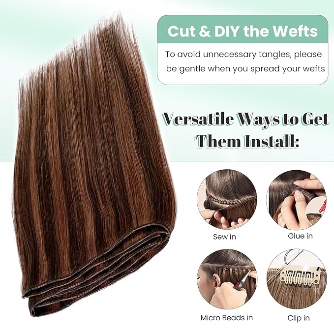 Weft Hair Extensions Human Hair Sew in Brown to Auburn Highlight Real Human Hair Wefts Straight 16 Inch 100G Medium Brown Highlighted Auburn Hair Extensions Sew in Hair Bundles for Full Head