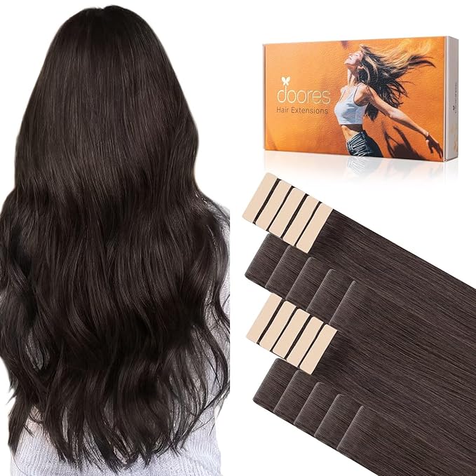 DOORES Invisi Edge Tape in Hair Extensions Human Hair, Light Dark Brown 10 Injection Tapeins with 10 Classic Tapeins 50g 14 Inch, Virgin Human Injection Tape in Extensions