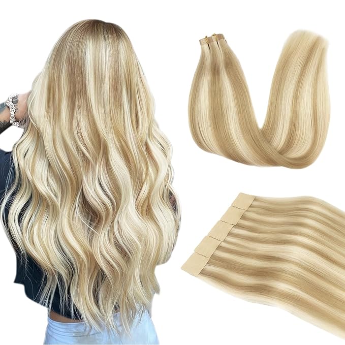 DOORES Tape in Hair Extensions, Dark Blonde Highlighted Bleach Blonde 24 Inch 50g 20pcs, Real Human Hair Extensions Tape in Hair Extensions Long Straight Remy Hair