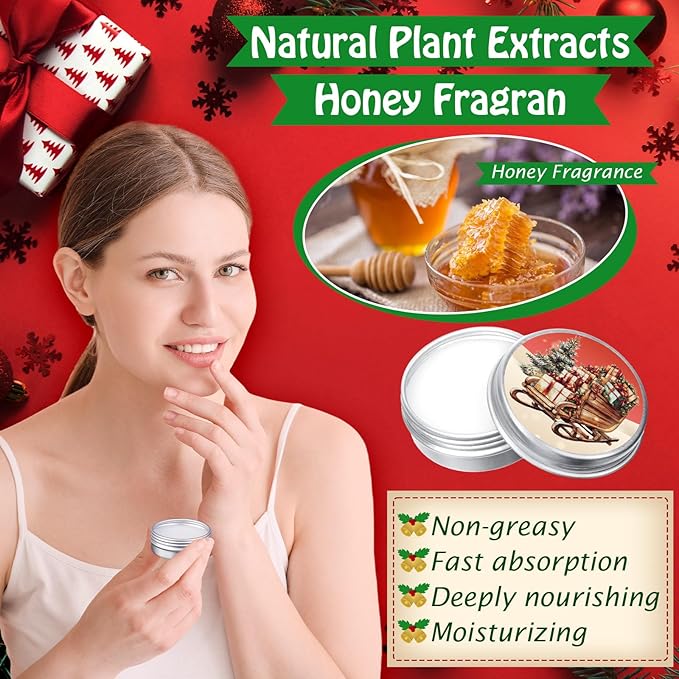 36 Set Canned Christmas Lip Balms Set Round Honey Christmas Moisturizing Moisturizer Lip Care Balm Party Favors with Bag Card for Xmas Holiday Stocking Stuffers Employee Appreciation Gifts