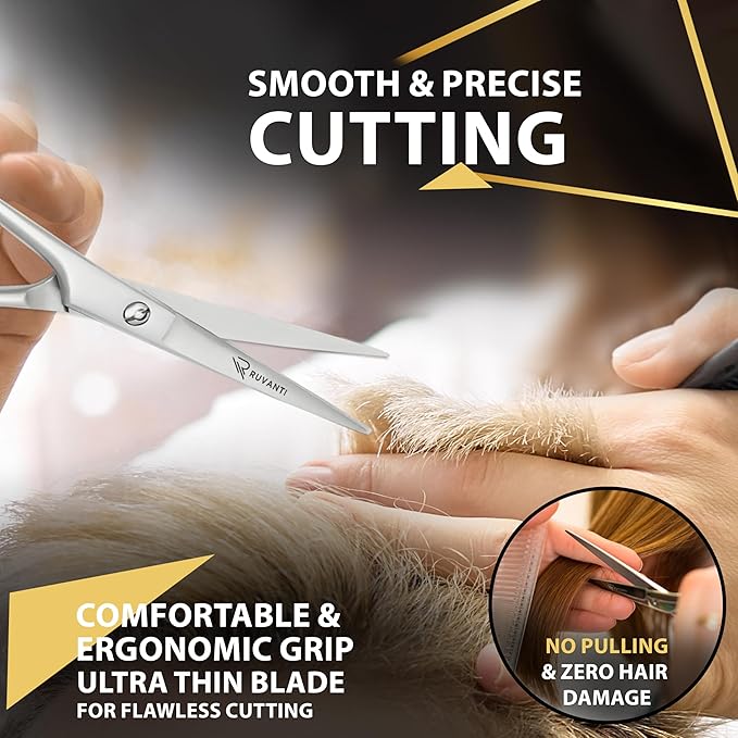 Ruvanti Hair Scissors - Professional Hair Cutting Scissors for Salon & Home Use, Sharp Edge Stainless Steel Barber Scissors, 6.5” Overall lenght with Comfortable & Smooth Grip