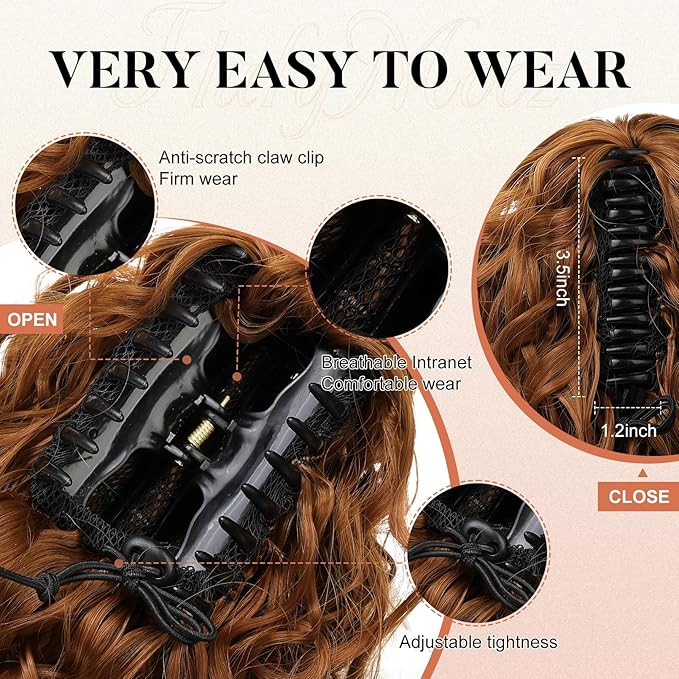 Flufymooz Ponytail Extension, 12" Short Claw Ponytail Extension Wavy Curly Jaw Clip in Pony tails Hair Extension Natural Synthetic Hairpiece for Women (Copper Red)