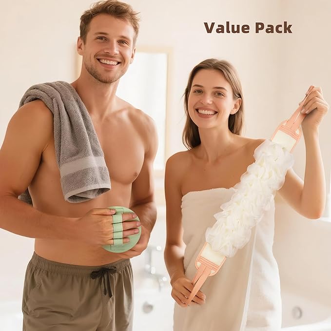3-Pack Bath Scrubber Kit: 2 Silicone Exfoliating Pats & Double-Sided Long Handle Back Scrubber Bath Puff for Deep Cleansing. (2 Green & Pink)