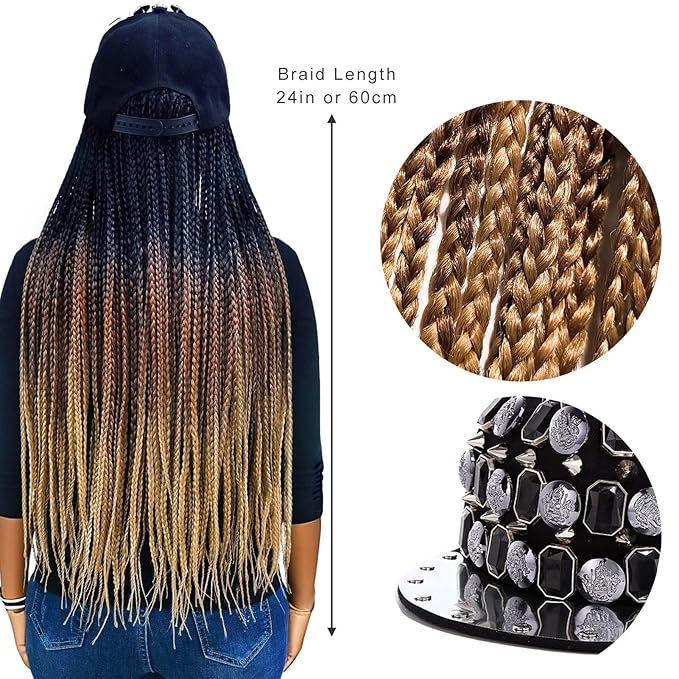 24inch Box Braid Hair Extensions Ombre Brown, Punk Studs Flat Baseball Cap Wigs for Women Girls Easy Wear