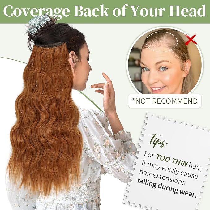 KooKaStyle Invisible Wire Hair Extensions with Transparent Headband Adjustable Size 4 Secure Clips Long Wavy Secret Wire Synthetic Hairpiece for Women(30C#Copper Auburn 20Inch)