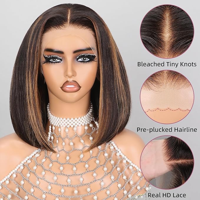 FB30 Ombre Bob Wig Human Hair Real 210% Density Ready to Go Glueless Wig 12a Straight Highlight Bob Wigs Human Hair Pre Cut Lace Pre Bleached Tiny Knots (14inch, 13x4 FB30 Bob)