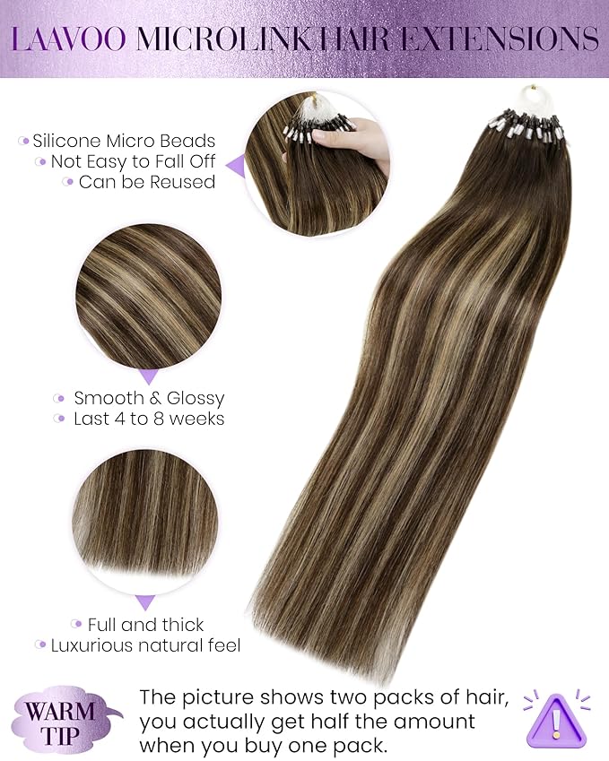 LaaVoo Micro Beads Hair Extensions Balayage Microlink Hair extensions Human Hair Medium Brown to Caramel Brown Micro Ring Human Hair Extensions 50g 50s 18 Inch