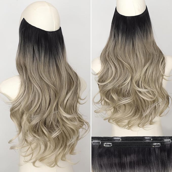 KooKaStyle Invisible Wire Hair Extensions 20"Long Wavy Layered Synthetic Clip in with Adjustable Size 6 Secure Clips Ombre Black to Ash Blonde Natural Soft Thick Hairpieces for Women 20 Inch