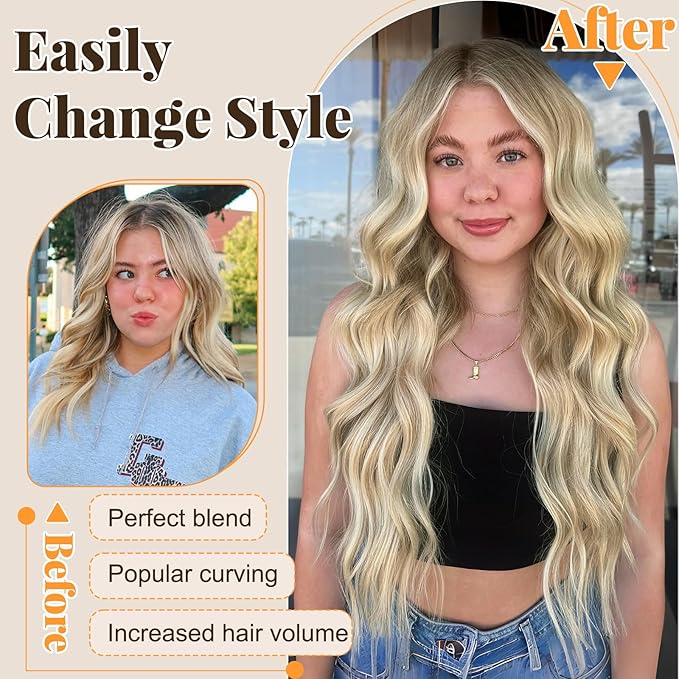 ALXNAN Clip in Long Wavy Synthetic Hair Extension 20 Inch Beach Blonde 4PCS Thick Hairpieces Fiber Double Weft Hair for Women