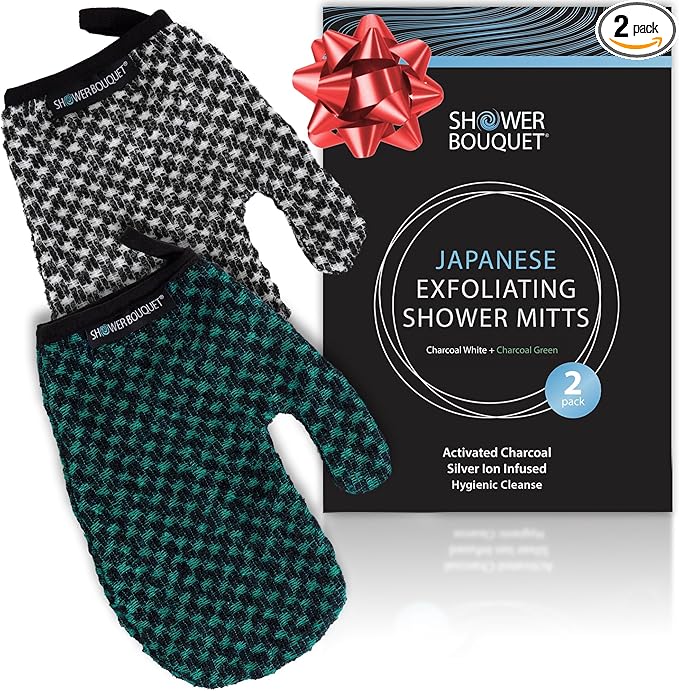 Japanese Exfoliating Mitt 2-Pack - Charcoal & Silver Ion Exfoliating Gloves for Shower - Soft Inner Fabric Gentle Exfoliation & Deep Cleansing Body Scrub Gloves for All Skin Types - 1 White, 1 Green