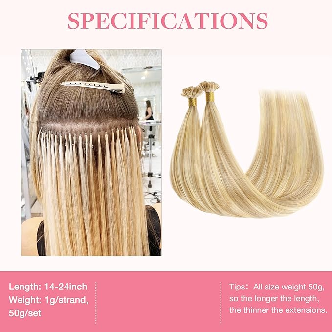 GOO GOO U Tip Hair Extensions - Real Human Hair, 16inch 50g 50S, Hot Fusion, Invisible Remy, 18D/22F Dirty Blonde Highlights