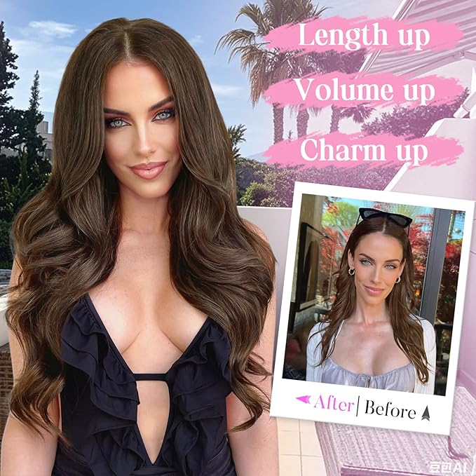 Invisible Wire Hair Extensions with Transparent Wire Adjustable Size 4 Secure Clips Long Wavy Secret Hairpiece 20 Inch for Women(Medium Ash Brown)