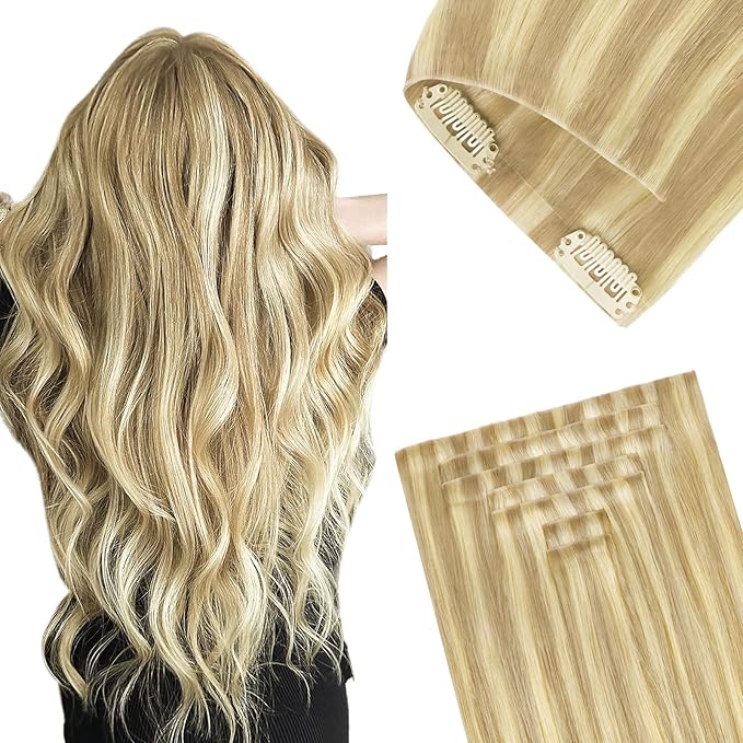GOO GOO Invisi Edge Clip in Hair Extensions 22inch 160g 7Pcs Injected Seamless PU Clip in Hair Extensions, Virgin Real Human Hair, #18D/22F Dirty Blonde Highlights