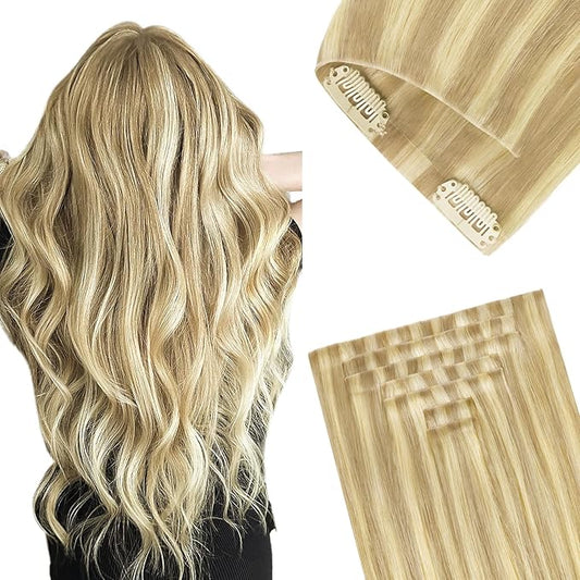 GOO GOO Invisi Edge Clip in Hair Extensions, 18inch 140g 7Pcs, Injected Seamless PU Clip in Hair Extensions, Virgin Real Human Hair, #18D/22F Dirty Blonde Highlights