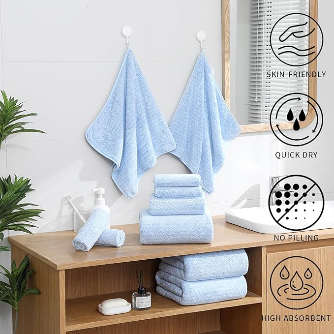 Ultra Soft Bath Towel Set,12 Piece (4 Bath Towels,4 Hand Towels,4 Washcloths) Family Bathroom Towels Set with Hanging Loop,Quick Dry Extra Absorbent Shower Towel for Bathroom,Hotel,Spa-Light Blue
