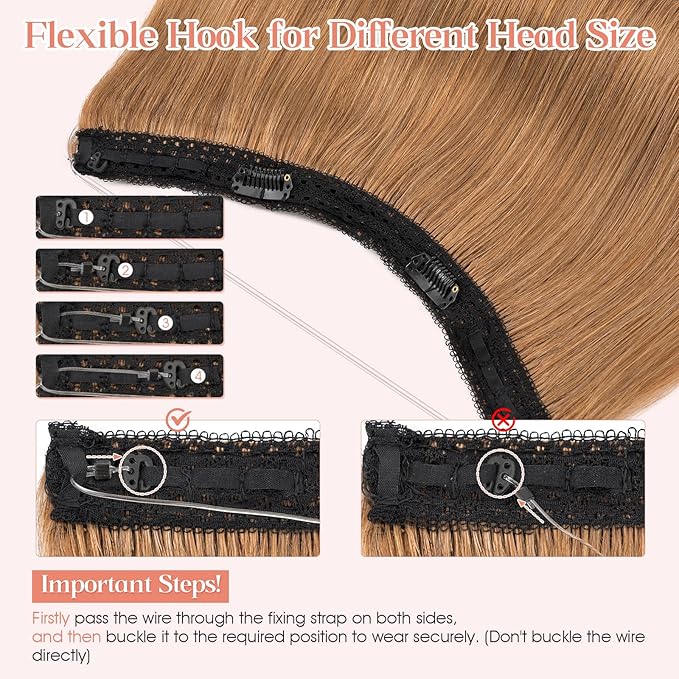 Hairro Wire Hair Extensions Human Hair, Fish Line Invisible Adjustable & Clips in Extensions Straight, 100% Real Hairpieces Seamless Blending for Women, 14 Inch 70g Light Brown