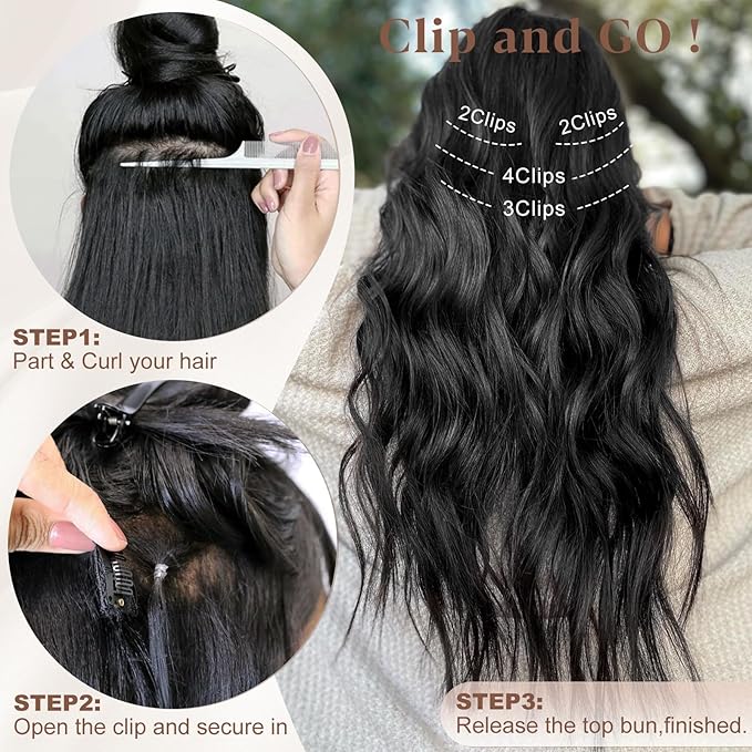 ALXNAN Clip in Long Wavy Synthetic Hair Extension 24 Inch Black 4PCS Thick Hairpieces Fiber Double Weft Hair for Women