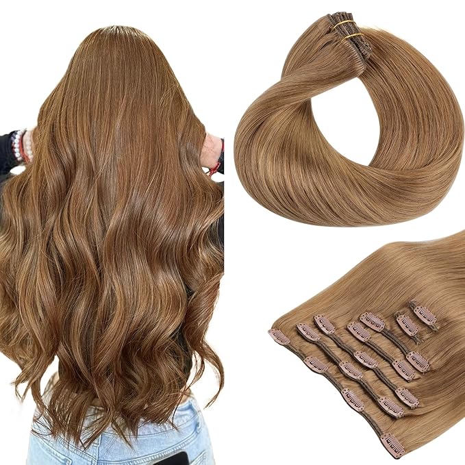 HOTBANANA Human Hair Clip in Hair Extensions, Bronde 120g Clip in Hair Extensions Real Human Hair Straight Remy Hair Clip in Hair Extensions 16 Inch 7pcs
