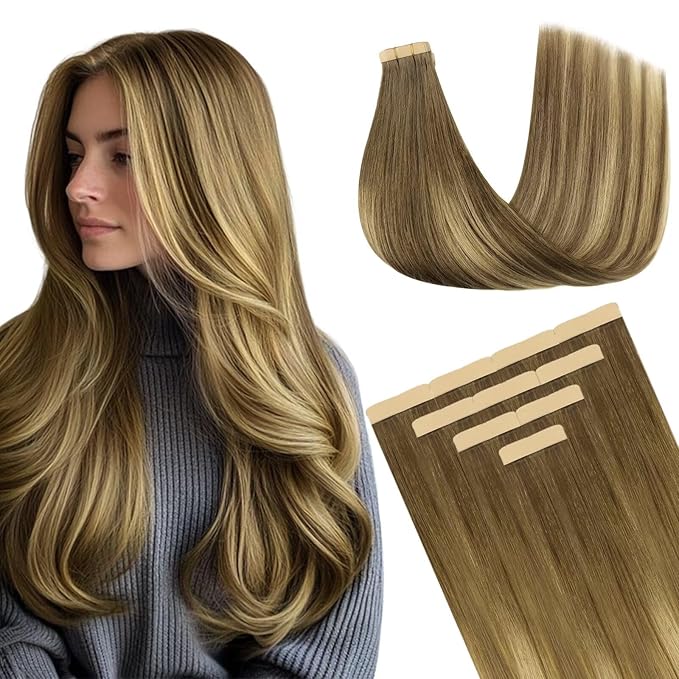 DOORES Tape in Hair Extensions, Medium Brown Highlighted Dirty Blonde 24 Inch 10pcs 30g, Human Hair Extensions Natural Invisible Tape in Hair
