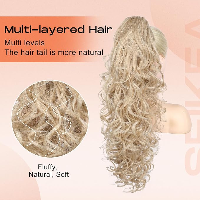 SEIKEA Ponytail Extension, 24" Fluffy Long Wavy Curly Claw Clip Hair Extensions Ponytail Multi-layered Clip in Fake Pony Tails Natural Soft Synthetic Hairpiece Blonde with Pale Gold Highlights