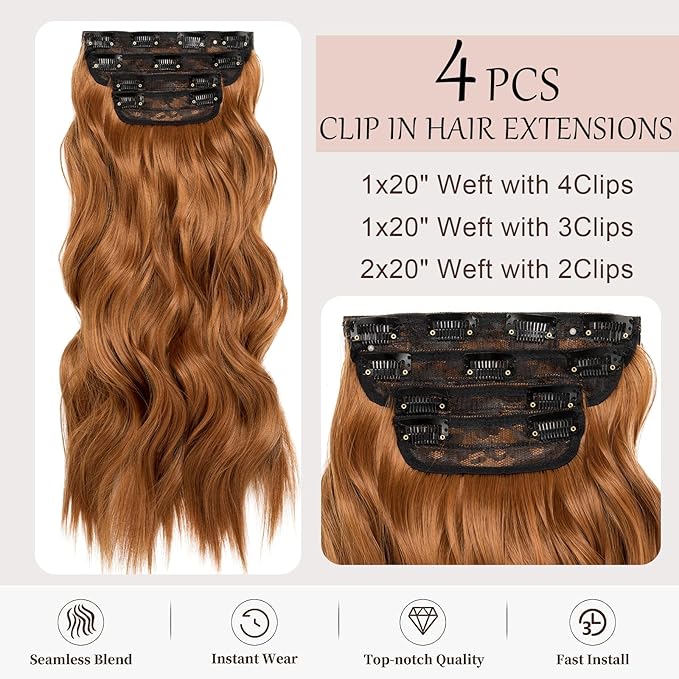 Cooper Red Hair Extensions Clip ins 20 Inch Hair Extensions Long Wavy Cosplay Hairpieces for Women Synthetic 4Pcs