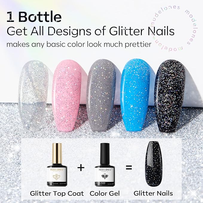 modelones Glitter Gel Top Coat, Reflective Iridescent Silver Mix Glitter Sparkle Clear Gel Polish No Wipe Glossy Confetti Sparkly Long Lasting Rainbow Shimmer Soak Off Nail Art Christmas Winter Gift