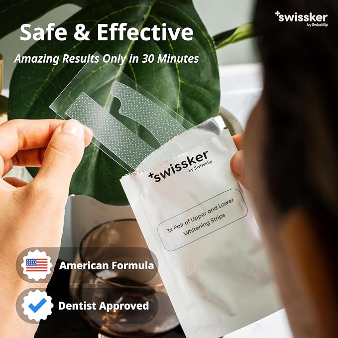 Swissker by Swissklip ShineStrips Teeth Whitening Strips, Enamel Safe, Dentist Formulated, Visible Results in 2–3 Treatments, 28 Strips (14 Upper + 14 Lower)