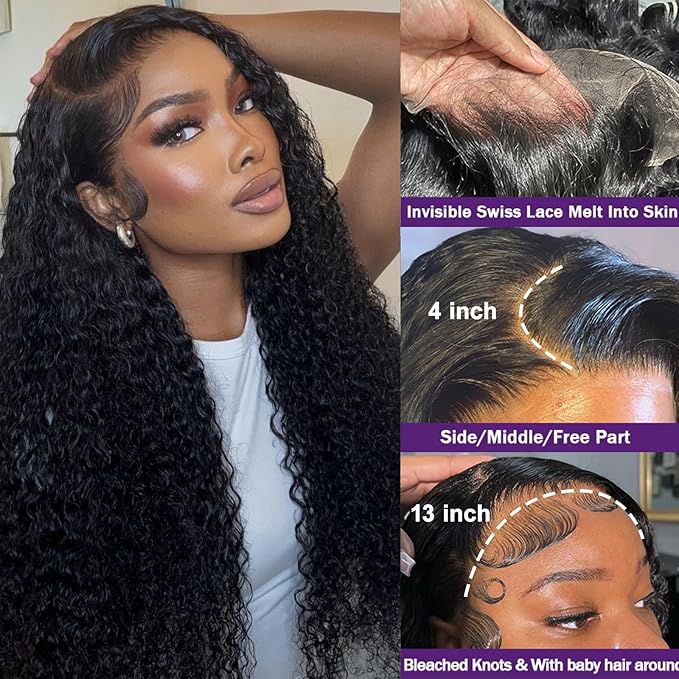 34 Inch 13x4 HD Lace Front Wigs Human Hair Deep Wave 12A Glueless Wigs Human Hair 200% Density Transparent Lace Frontal Wigs Deep Wave Pre Plucked Curly Human Hair Wig