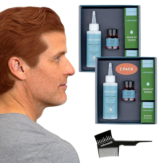 Hair & Beard Color for Blending Grays 2 pack - Dark Intense Copper Blonde - Ammonia-Free Complete Men’s At-home Beard & Hair Dye Kit, Professional-grade Demi-Permanent Hair Color (7.40)