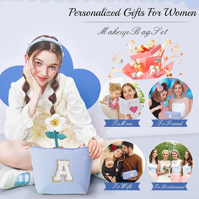 YOOLIFE Cute What Makes Up Bag - Blue Cotton Travel Essentials Cosmetic Beauty Graduation Engagement Personalized Thank You Gift For Women, Friend, Sister