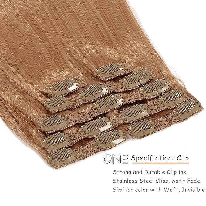 Caliee Hair Extensions Clip in Human Hair Auburn Brown Seamless Invisible Double Weft Lace Clip in Human Hair Extensions Thick Ends for Full Head 140g 22inch