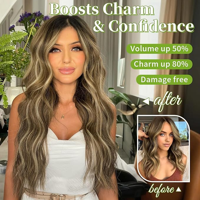 KooKaStyle Invisible Wire Hair Extensions with Transparent Headband Adjustable Size 4 Secure Clips Long Wavy Secret Wire Hairpiece 24 Inch for Women(Medium Brown with Blonde)626D#