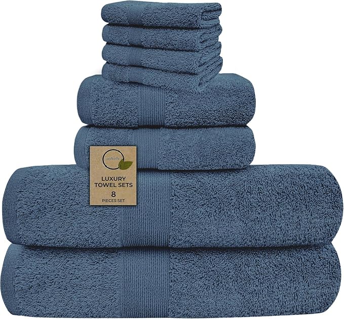 Softolle Luxury 8 Piece Towel Set, 2 Bath Towels 2 Hand Towels 4 Washcloths, 100% Cotton Towels for Bathroom, Home, Spa & Gym - Highly Absorbent Ultra Soft Quick-Dry (Slate Blue)