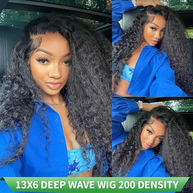 30 Inch Deep Wave Lace Front Wigs Human Hair 200 Density 13x6 HD Lace Front Wigs Human Hair Pre Plucked Brazilian Curly Wig Wet Wavy Glueless Frontal Wigs for Women Natural Black Deep Wave Wig